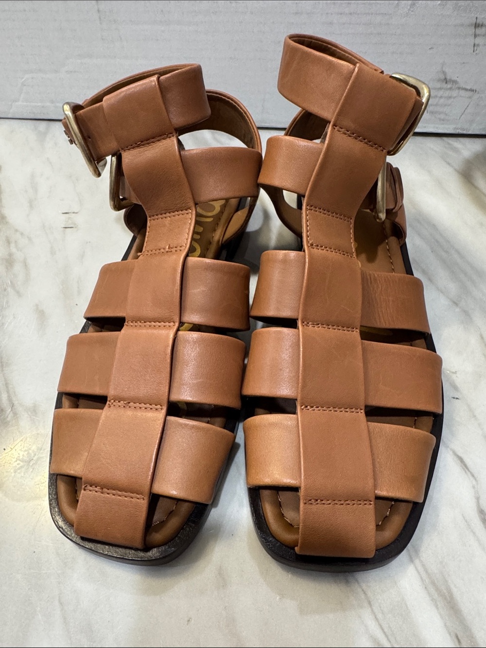 Sam Edelman Tan Leather Strappy Fisherman Sandals with Gold Buckles - Picture 2 of 12